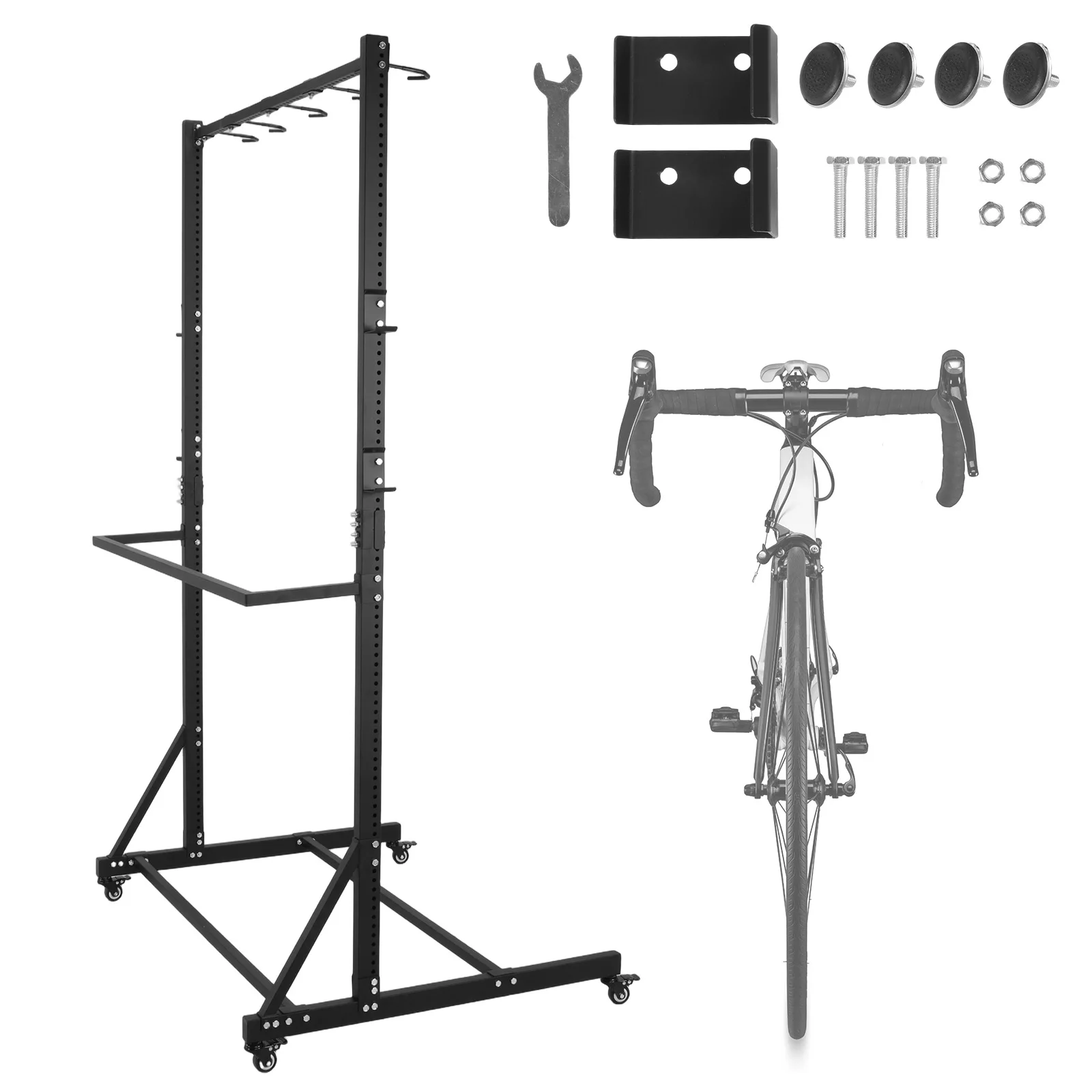

Freestanding Hanging Bike Stand with Locking Casters & 6 Hooks Holds Up To 5 Bikes Height Adjustable for Garage Basement & Home