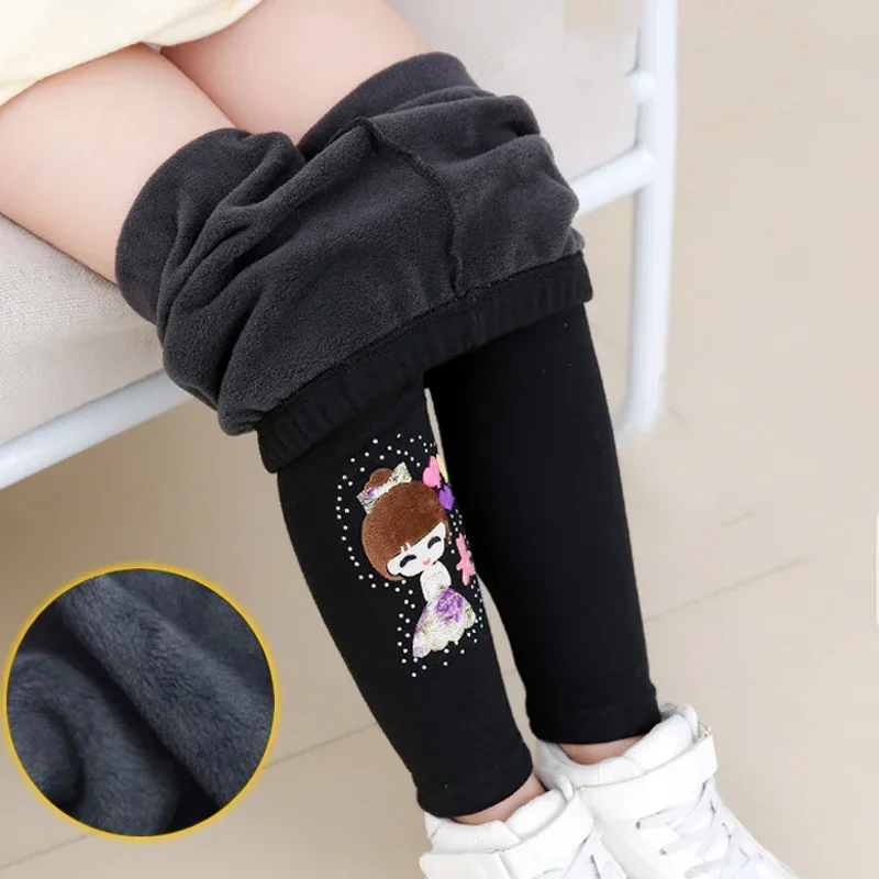 

New Girls Winter Pants Cartoon Pattern Thicken Warm Trousers Girls Skinny Leggings With Fleece Warm Elastic Waist Trousers