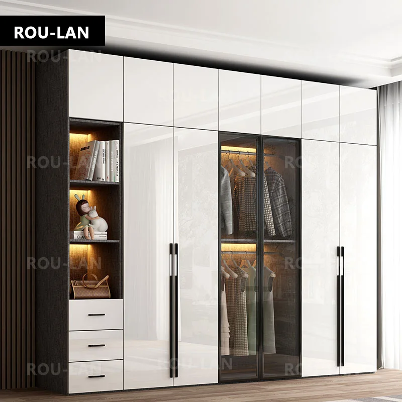 Modern minimalist light luxury high-gloss wardrobe bedroom swing door Nordic large wardrobe locker glass door wardrobe