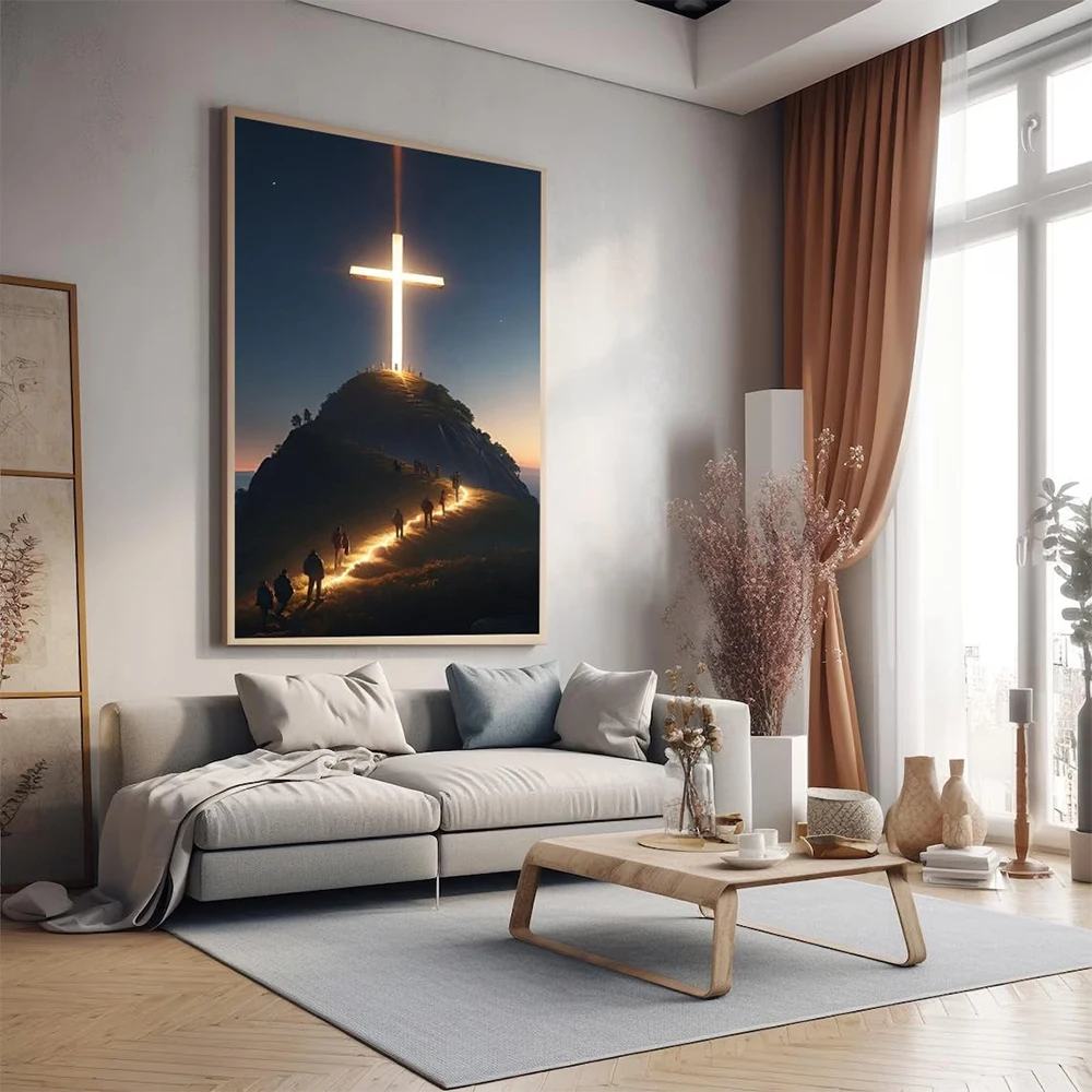 Modern Christian Cross On The Top Of The Mountain Wall Art Canvas Painting Jesus Believers Posters For Room Home Church Decor