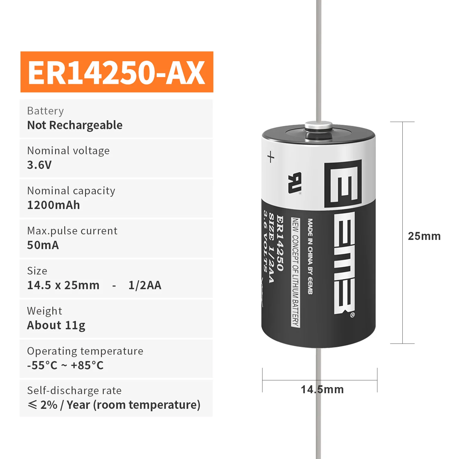 EEMB ER14250-AX 3,6 V 1/2 AA bateria z AX Pin bateria litowa 14250 1200 mAh baterie do licznika wody/gazu alarm czujnik okna