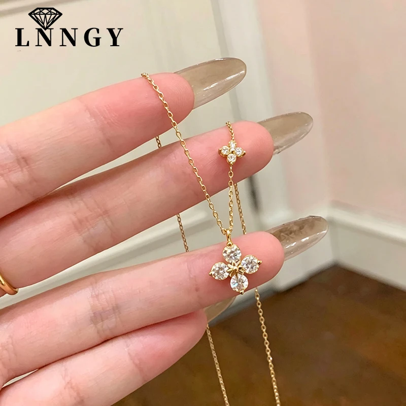 Lnngy Exquisite 4MM Moissanite Necklace 14K Gold Filled Double Flower Pendant Necklace for Women Collarbone Chain Jewelry Gift