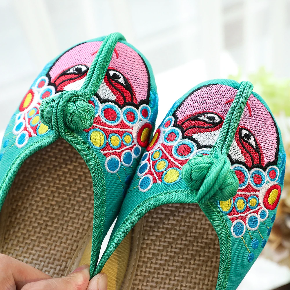 Veowalk Handmade Cotton Fabric Slipper Women Beijing Opera Embroidery Slippers Vintage Summer Flat Heel Shoes Zapatos Mujer