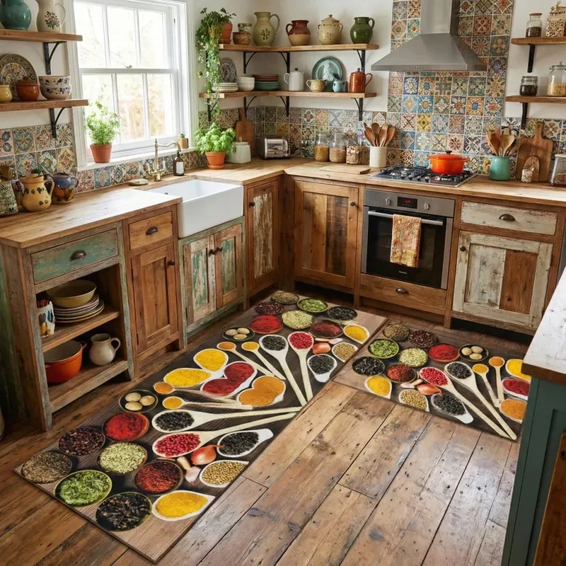 VIKAMA Colorful Spice Runner Rug Set Non-Slip Washable Anti-Fatigue Kitchen Floor Mat for Home Decor