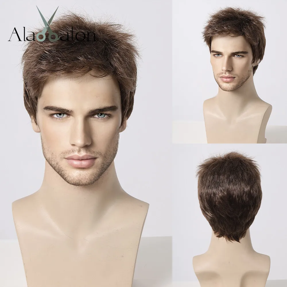 ALAN EATON Brown Short Wig Straight Synthetic Wigs for Men Layered Daily Cosplay Wig Heat Resistant Fiber Full Wigs for Cosplay