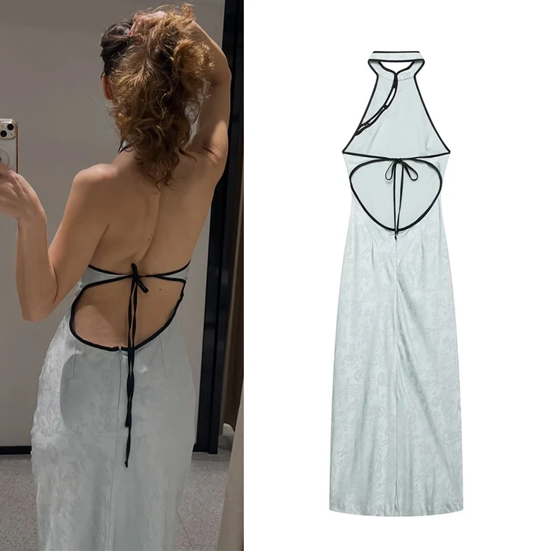 Women's Midi Dress 2026 New Summer Rope Knot Backless Jacquard Dress for Women Sexy Chic Lady Party Gowns