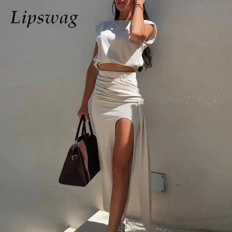 

Women Sexy Split Hollow Solid Two Piece Set Fashion Temperament Slim Party Suits Elegant O-neck Pullover Top & Long Skirt Outfit