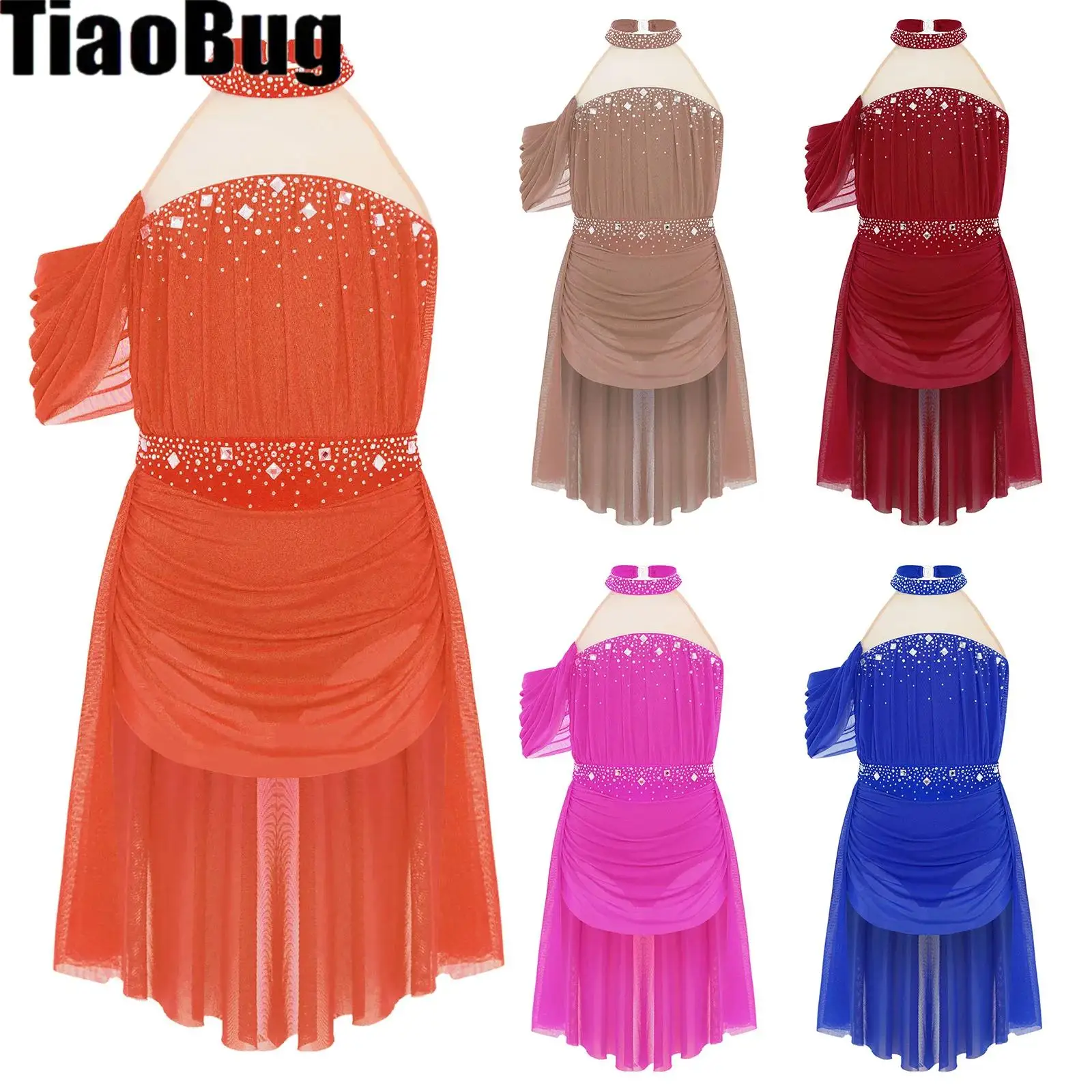 

Kids Girls Lyrical Dance Dress Modern Performance Costumes Halter Backless Rhinestones Ballet Gymnastics Skating Leotard Dresses