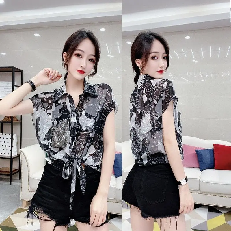 Vintage Printed Turn-down Collar Diamonds Bandage Button Loose Chiffon Shirt Oversized Commute Tops Fashion Woman Blouses 2022