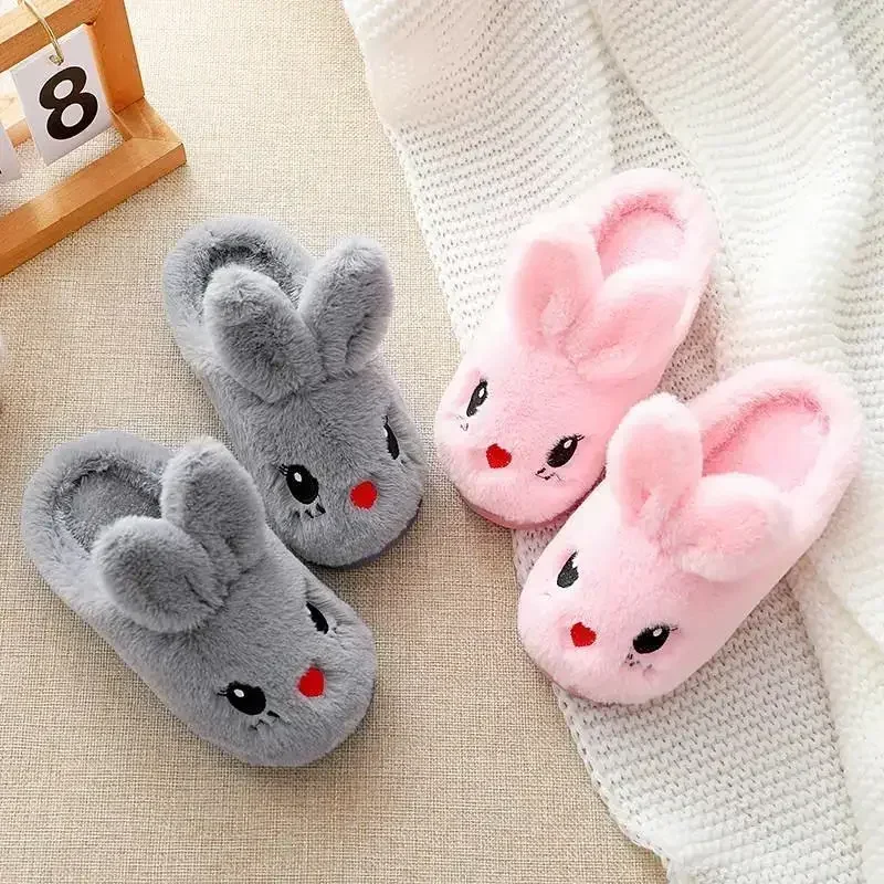 Children\'s Cotton Slippers Princess Warm Kids Winter Cute Rabbit Cartoon Indoor Furry Shoes Little Girl Soft Bottom Home Shoes