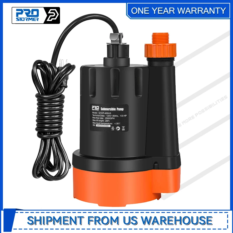 1/3HP 2500GPH Submersible Water Pump Utility Pump Portable Electric Clean Water Drainage Pump for Pool Draining Flooding