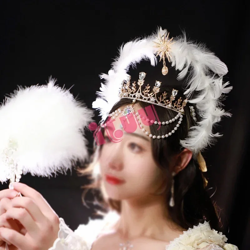 اليدوية هالة تاج خوذة لوليتا آلهة KC القوطية الأبيض الملاك ريشة أجنحة هالة كريستال عقال للرأس على شكل تاج إكسسوارات الشعر