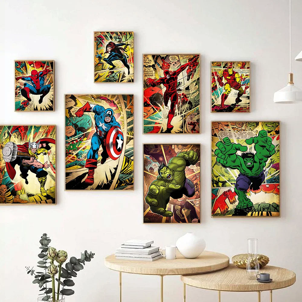 MINISO Avengers Superheroes Spider-Man Iron Man Captain America Home Decor Art Vintage Poster Kids Room Wall Mural Canvas Prints