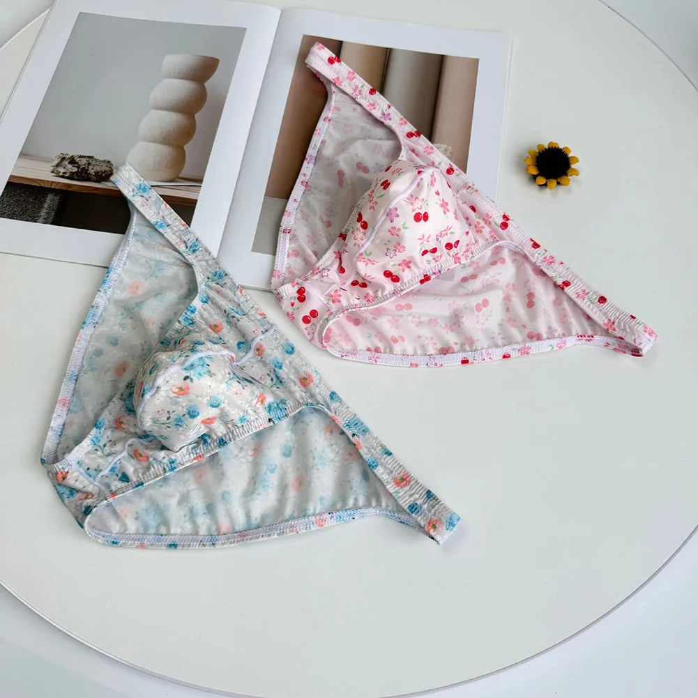 Men Sweet Print Briefs Thin Belt U Convex Pouch Underwear Sissy Erotic Lingerie Low Waist Sexy Triangle Underpants