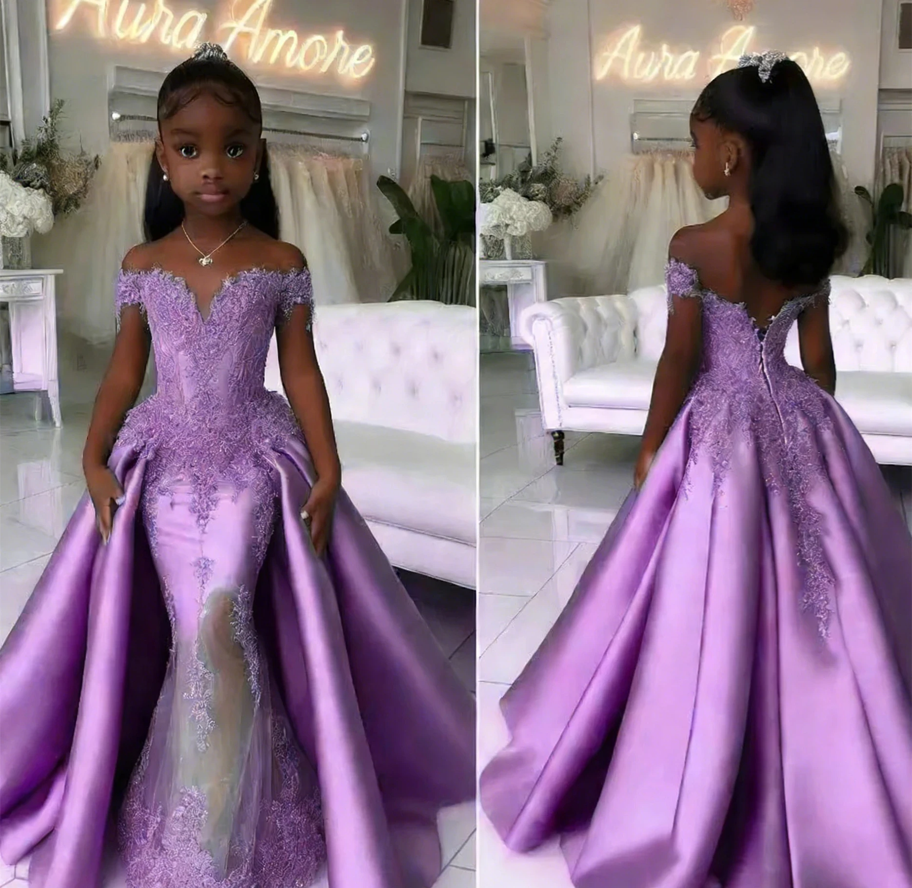 Customized Blue Flower Girl Dress For Wedding Appliques Lace Short Sleeve Floor Length Kids Birthday First Communion Gown