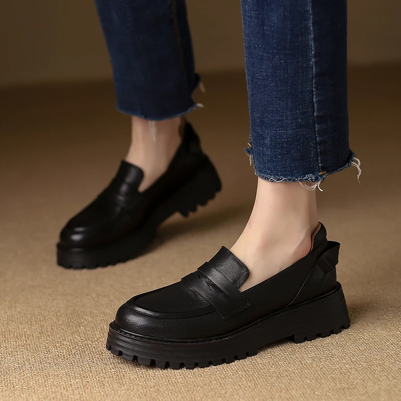 2022 Fall Women Shoes Round Toe Med Heel Loafers Genuine Leather Shoes Women Slip-on Pumps Female Shoes Womens Platform Heels