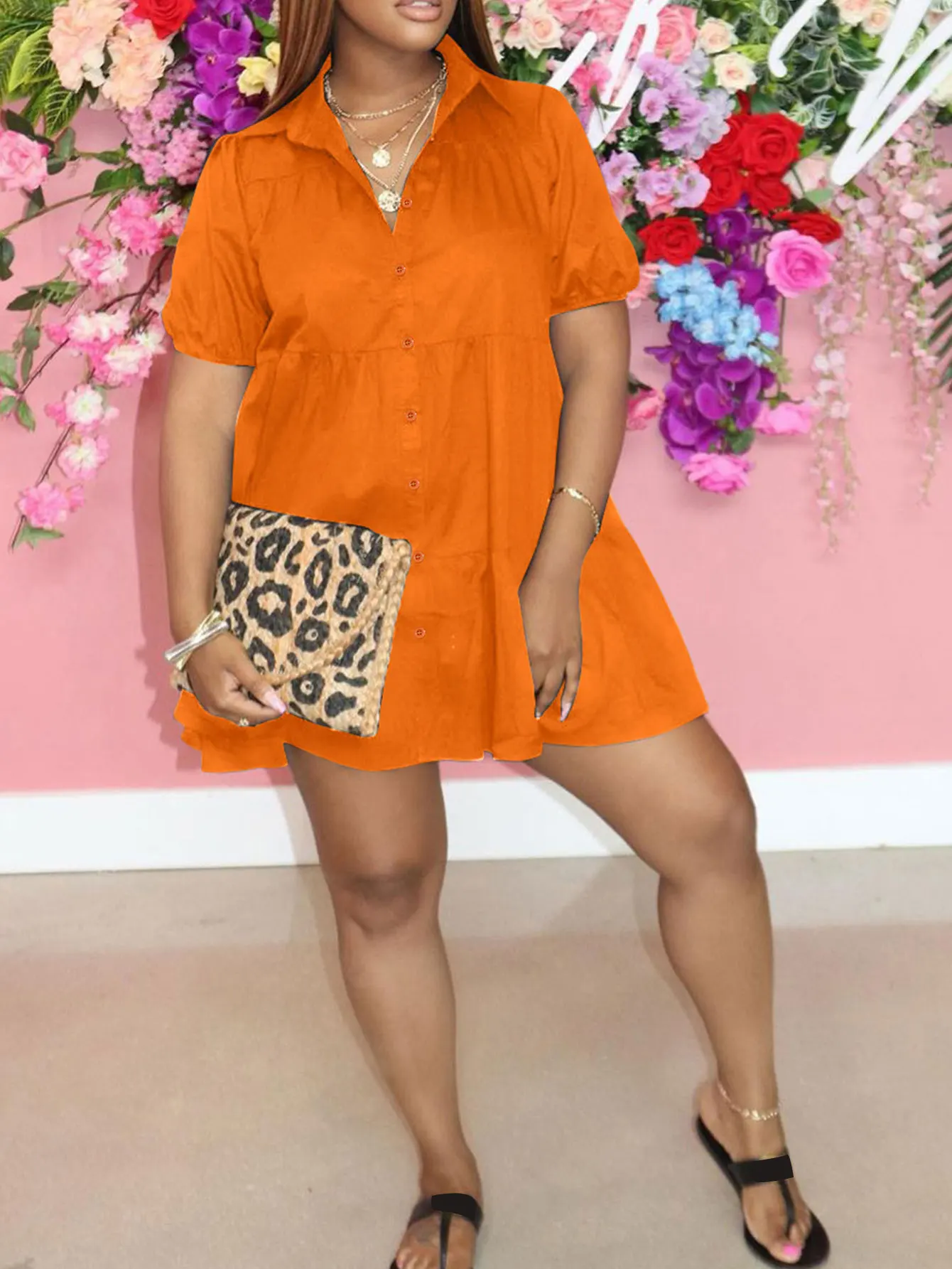 Vestido polo laranja de manga curta, vestido casual versátil de verão