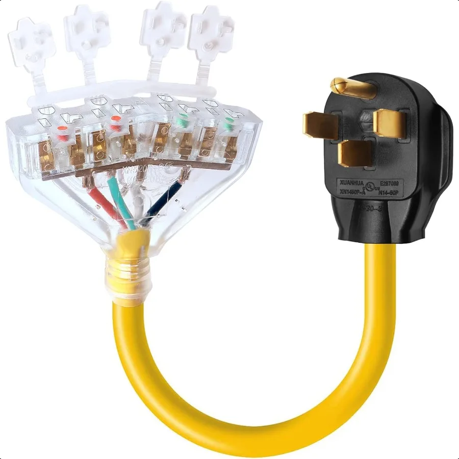 

50 Amp to 110V 20 Amp RV Distribution Adapter NEMA 1450P Male to 4X 520R 15R RV Generator Adapter Cord 4Prong to 4Way Household