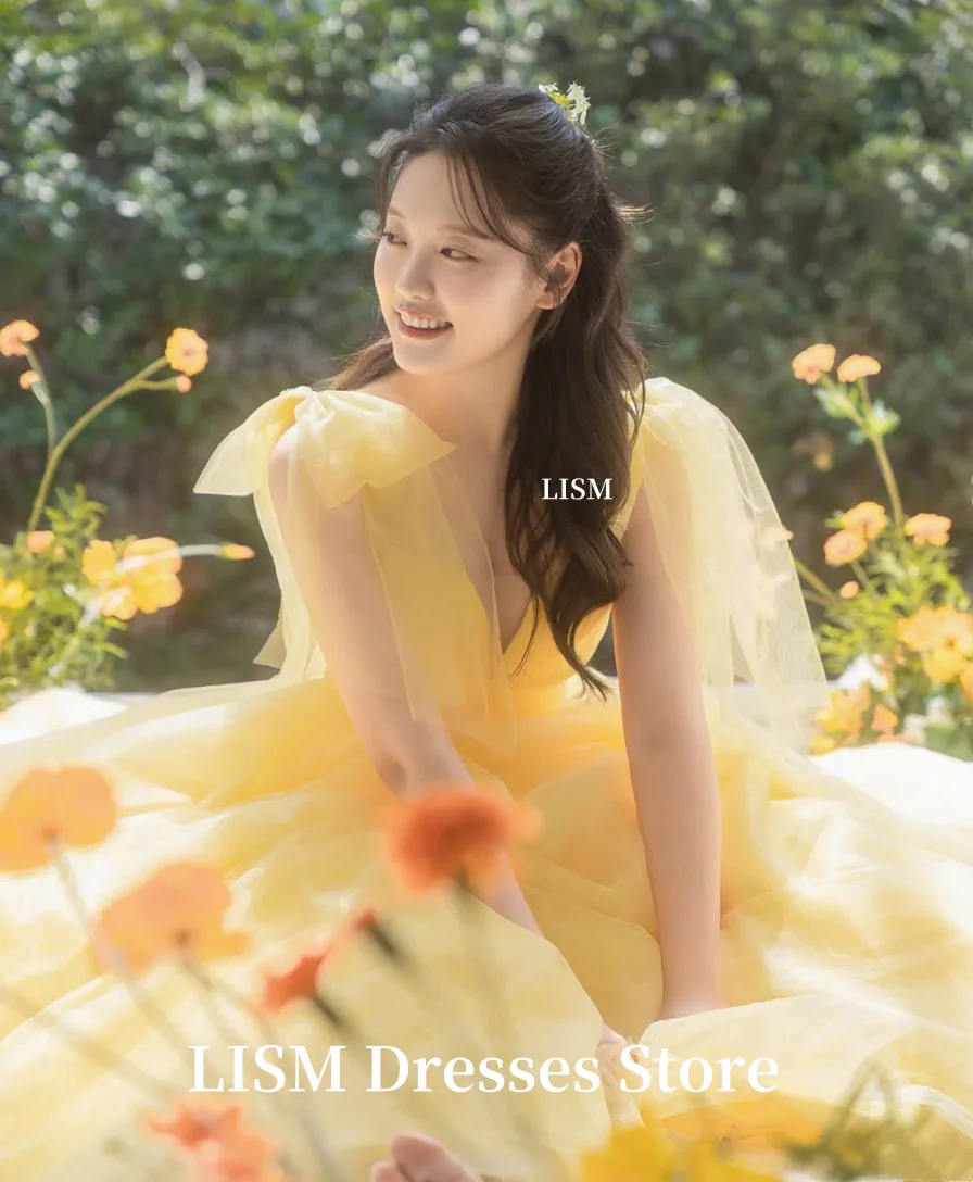 LISM Bright Yellow Korea Wedding Party Dresses Off Shoulder Soft Tulle Luxury Fluffy Party Dress 저녁 드레스 Customize Corsets