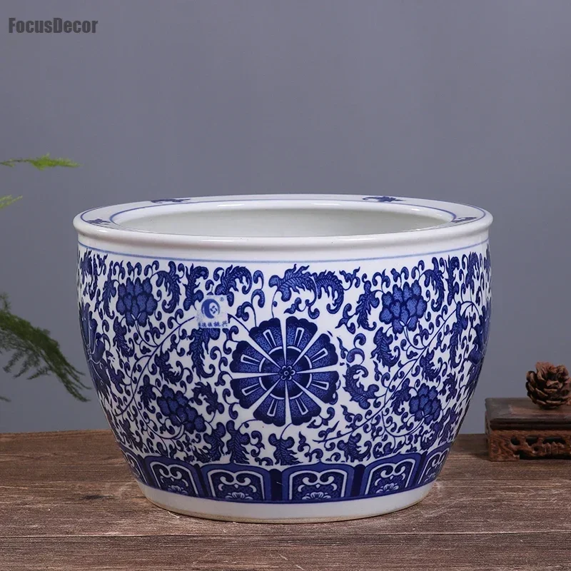 Twigs Floral Blue and White Porcelain Fishbowl Plant Pot 30cm Ceramic Planter Asian Indoor Outdoor Garden Decoration Flower Pot