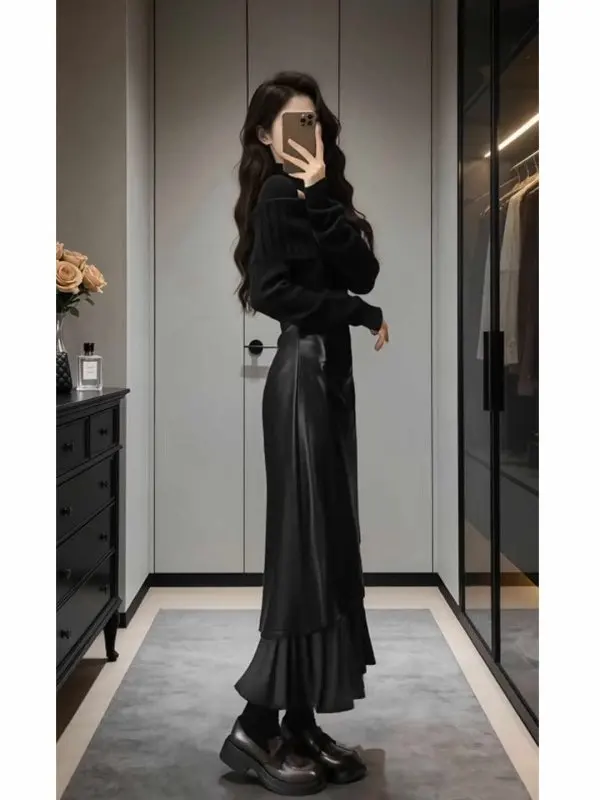 

Женский модный комплект из топа и юбки kn Design Sense, с высокой талией, весенний, новый, повседневный, с длинными рукавами, квадратным воротником