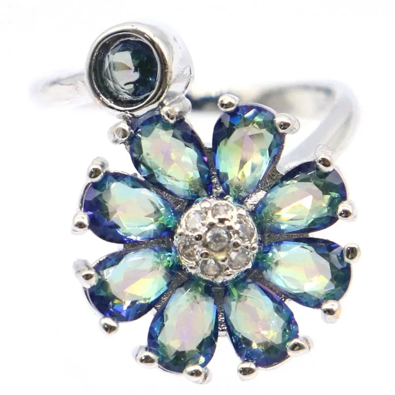 

6g Customized 925 SOLID STERLING SILVER Customized Rings Flowers Shape Green Amethyst Fire Rainbow Mystical Topaz Violet Topaz M