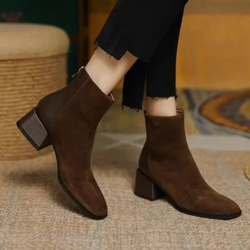 2023 Autumn Winter Women Boots Square Toe Chunky Heel Women Shoes Ankle Boots for Women Winter Platform Suede Shoes Zapatos