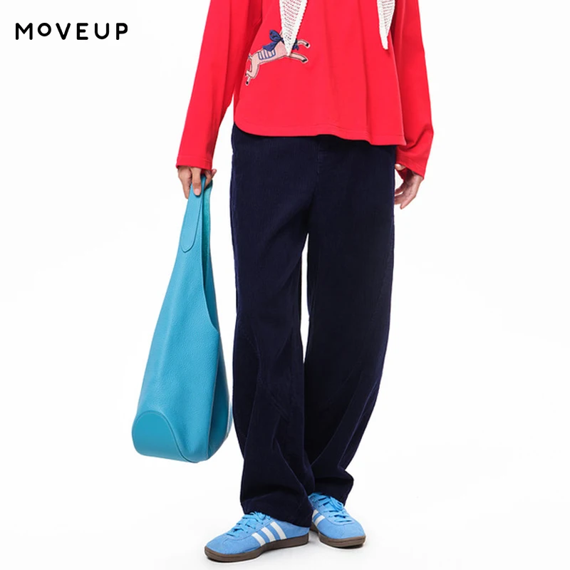 MOVEUP Casual Straight Leg Pants 2026 Winter Corduroy Warm Solid Color Elastic Waist Pocket Office Trousers For Women 3EWD20164