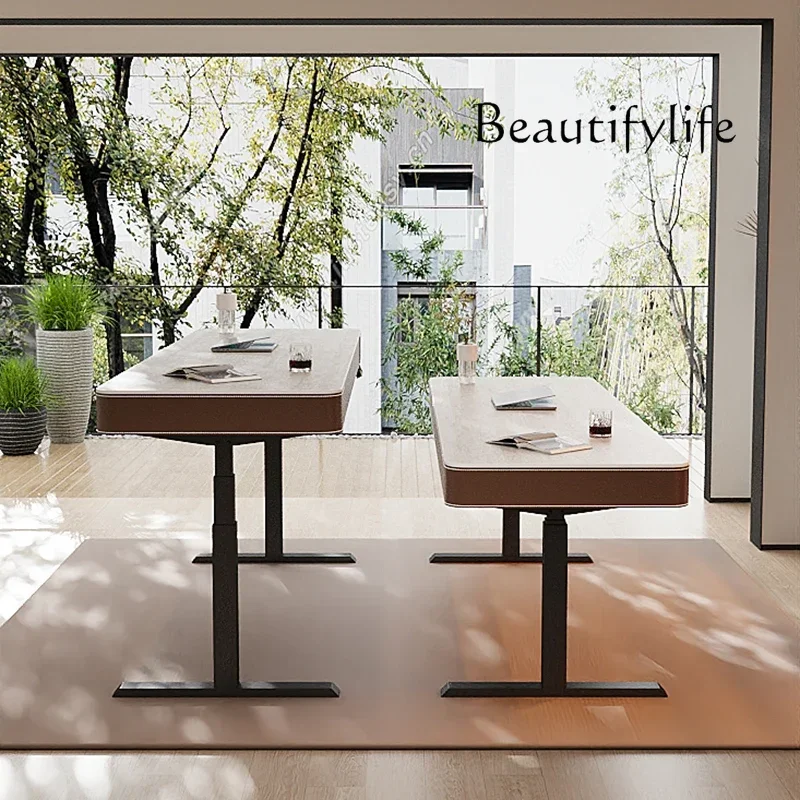 

T Retro travertine rock slab electric lifting bar table household computer desk office dual motor lifting table