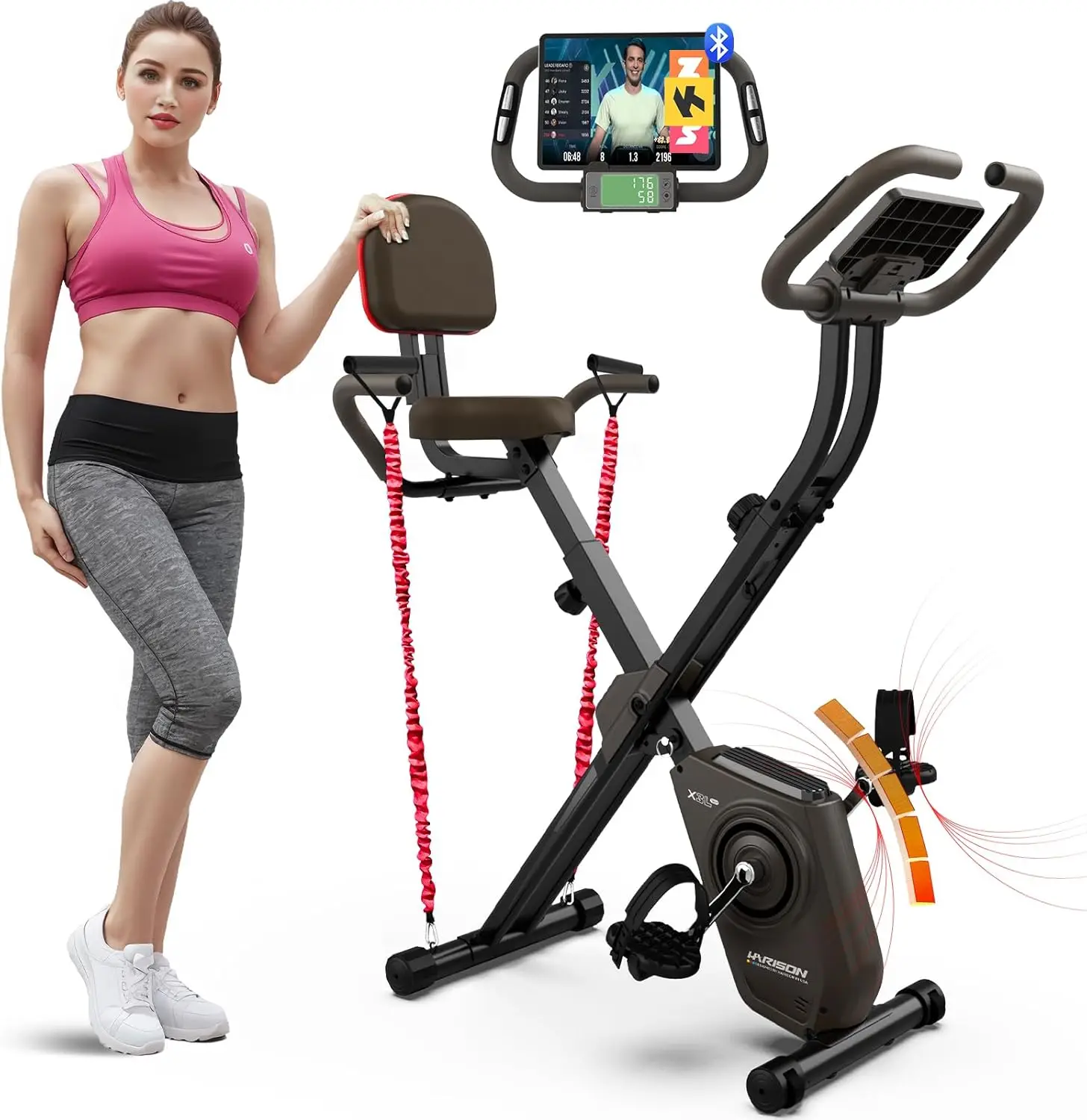 

Foldable Exercise Bike with Arm Resistance Bands 350 LBS Capacity, 5 in 1 Magnetic Stationary Bikes for Home with 16-Level Resis