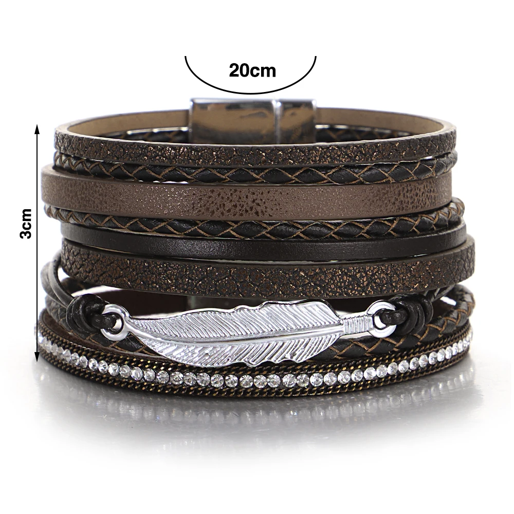 ALLYES Vintage Leaf Feather wielowarstwowa skórzana bransoletka moda męska pleciona ręcznie lina bransoletki damska biżuteria — zdjęcie 7