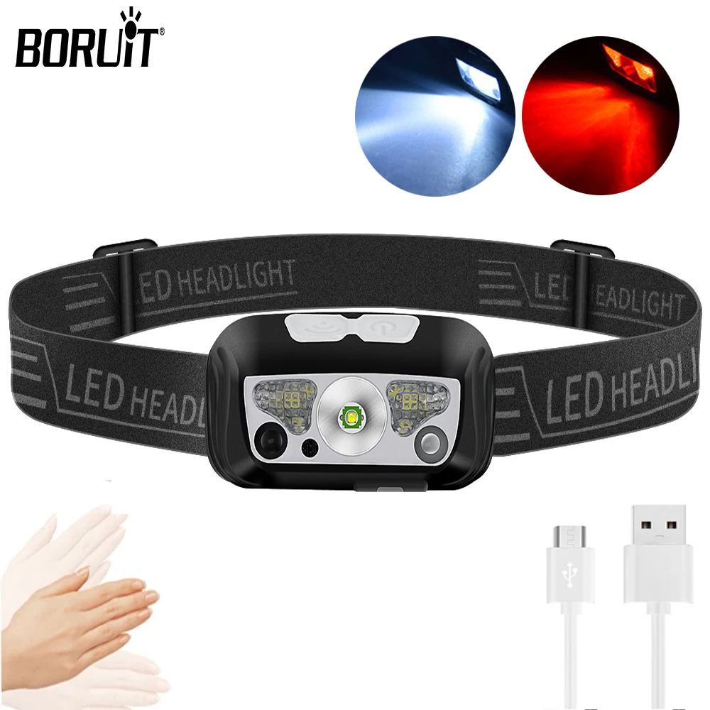 

BORUiT B12 Work LED Headlamp USB Rechargeable Mini Sensor Headlight 5 Light Mode Head Flashlight Waterproof Fishing Lantern