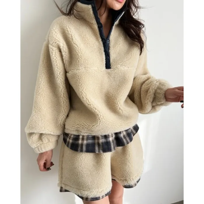 

Warm Fluffy Loose Women's Sweatirt Jaet And orts Set Faionable Korean Design Splicing Outerwear for Autumn Winter Spring
