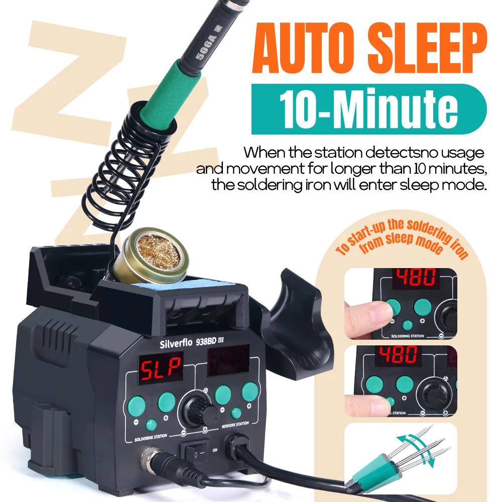 محطة لحام Silverflo 938BD-III تسخين سريع T12 سبيكة لحام محطة لحام بالهواء الساخن مع نوم تلقائي لإعادة العمل SMD