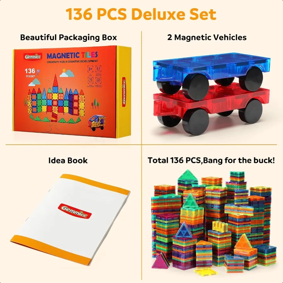 Gemmicc-azulejos magnéticos de lujo, 136 Uds., bloques de construcción, juguetes magnéticos para rompecabezas magnéticos 3D, bloques apilables para niños y niñas, juego enorme