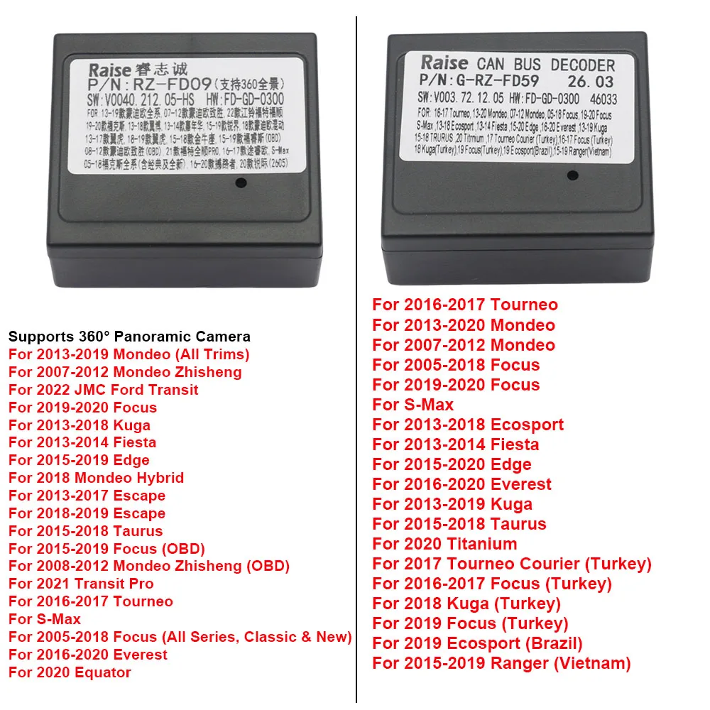 RZ-FD09 G-RZ-FD59 CANBUS Decoder For Ford Focus Mondeo Kuga Edge EcoSport Fiesta Range Android Radio 360 Camera Adapter Kit