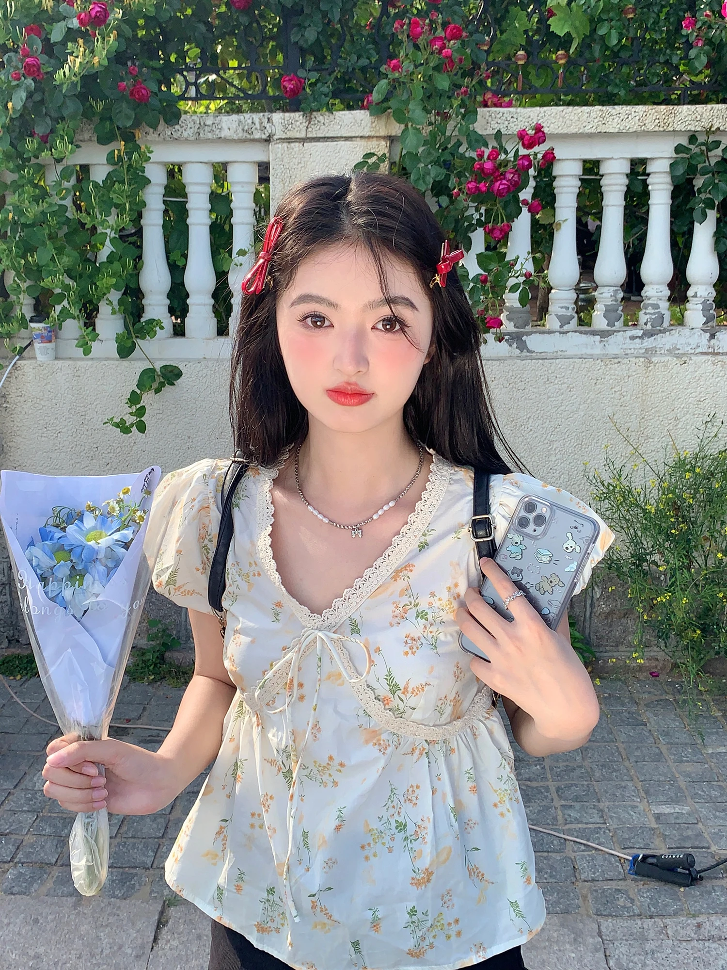 

Vanwen Wooden Summer irt Женский топ Sweet Bubble Sve ort Sve V-ne с цветочным принтом Удобный для кожи дышащий