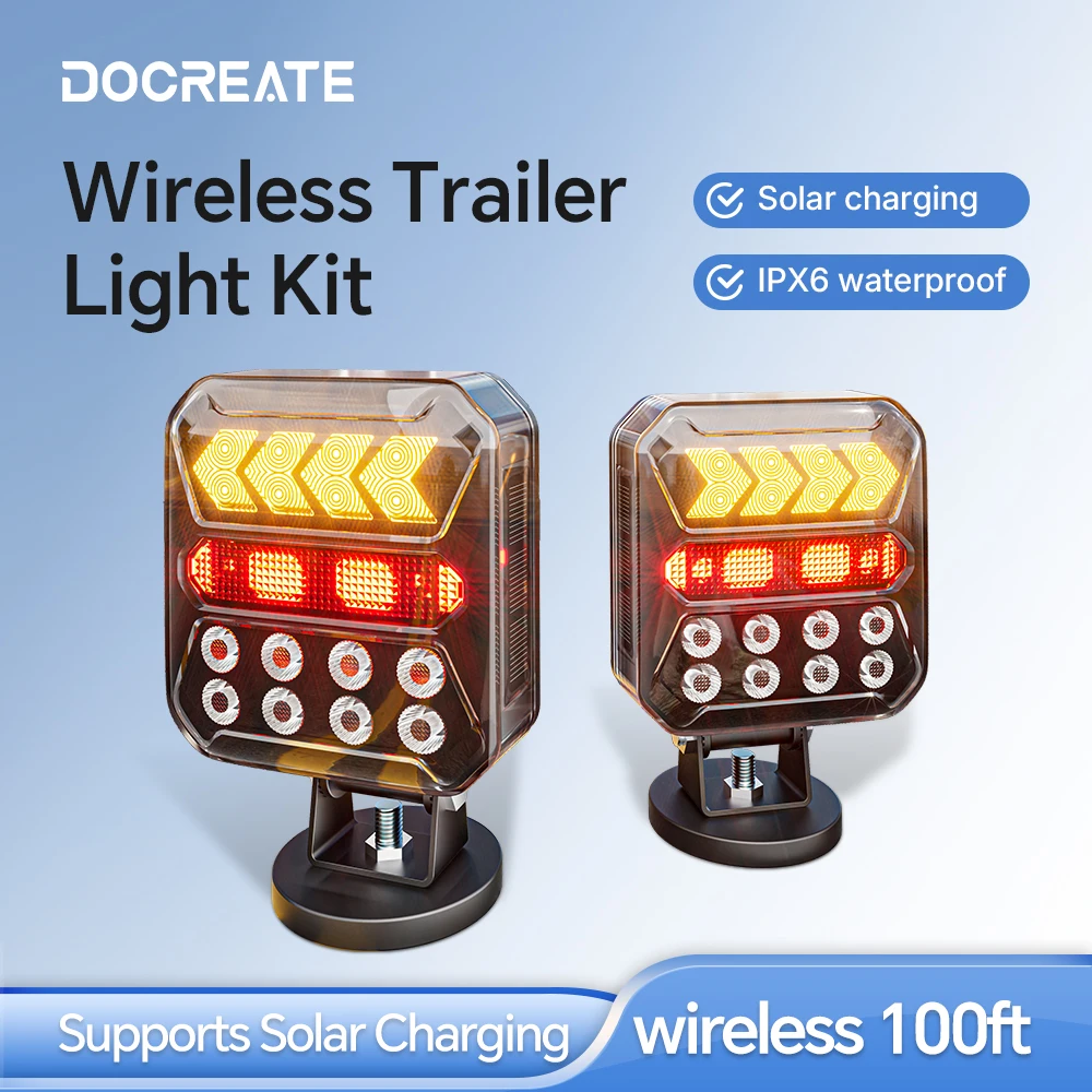 

Wireless Magnetic Trailer Tail Light - USB Rechargeable, Solar Charging, 2.4GHz Remote, IPX6 Waterproof, 180° Adjustable