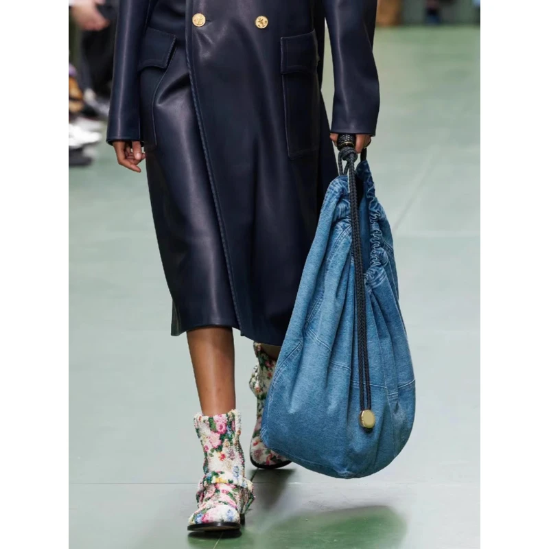 سعة كبيرة للمتسوقين حقيبة المرأة عالية الجودة الأزرق الدنيم الأسود المنسوجة الرباط حمل حقيبة عرض الأزياء نمط حقيبة كتف عادية