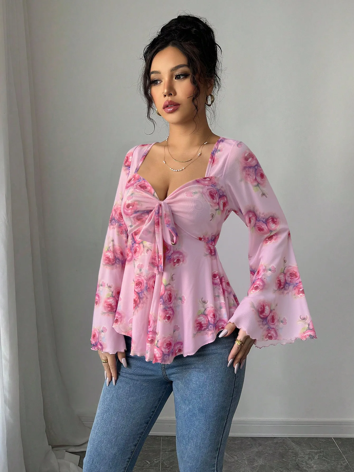 

2026 Spring Summer Women Pink Floral Print Bow Tie Flare Sleeve Slim Short Chiffon Top