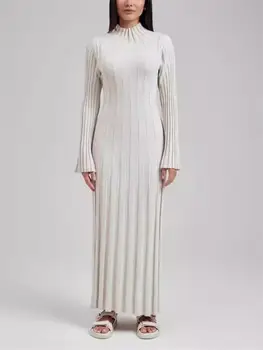 女士羅紋針織高領長袖中長連身裙,休閒秋冬時尚純色修身連身裙 6 最佳銷售 羅紋針織連身裙 - №6