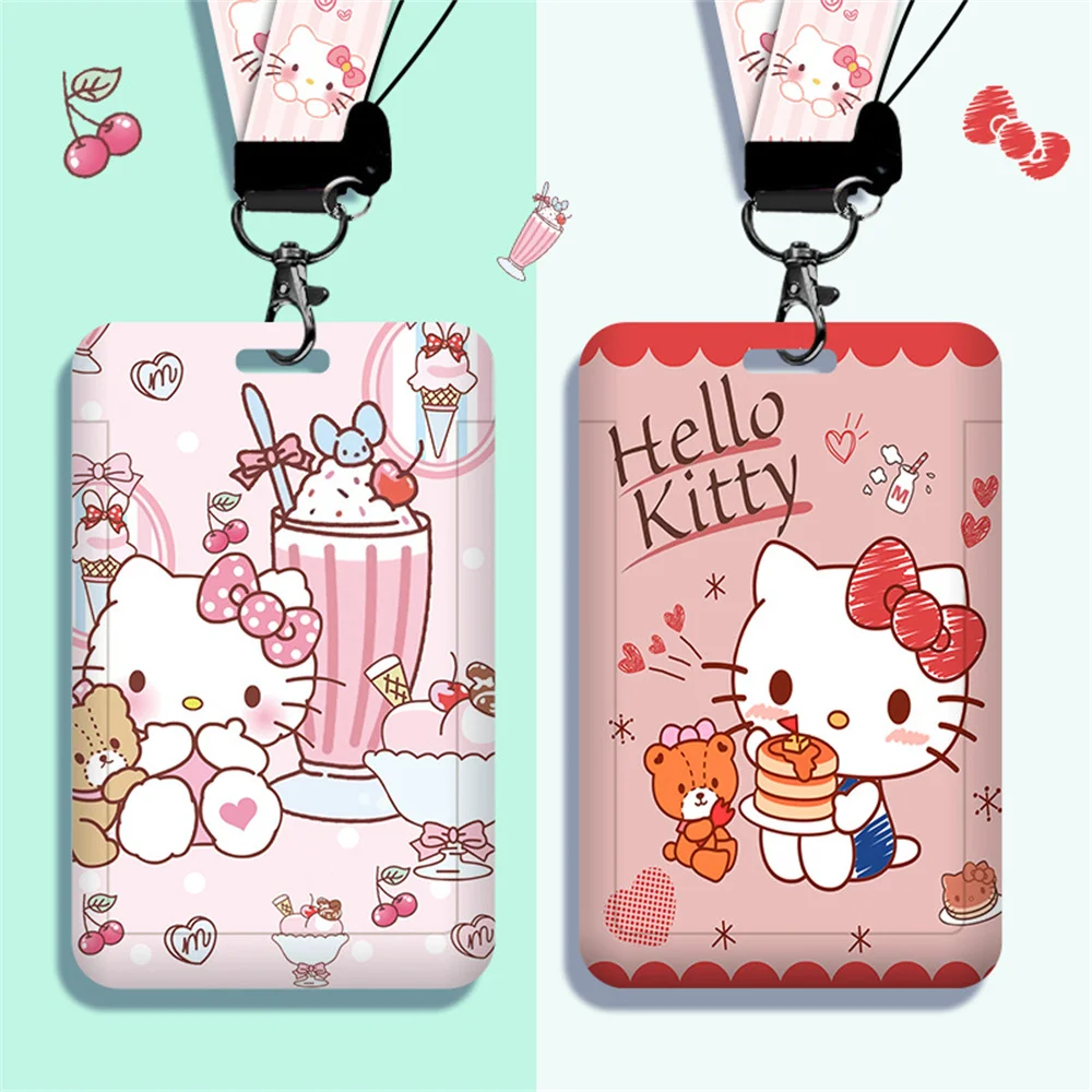 Cute Sanrio Hello Kitty Cartoon Cosplay Kt Cat Key Chain Pendant Work Bus Card Holder Plastic with Lanyard Student Gift Toys