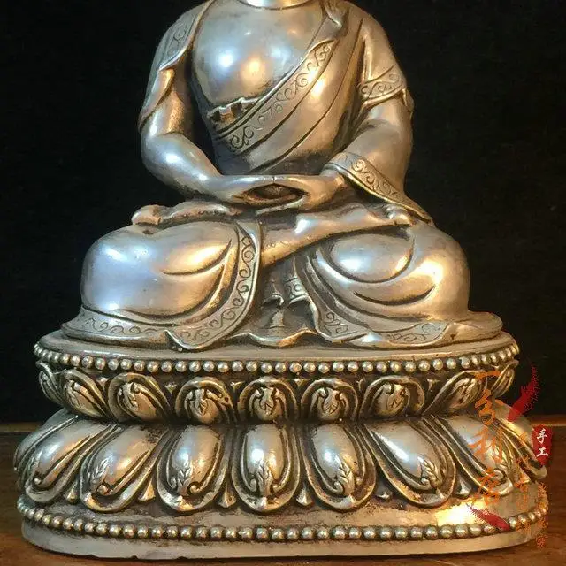 Tibetan Old Silver Buddha Statue Ornament Tibetan Silver Sakyamuni Buddha Statue Silver Buddha Statue Buddhist Hall Devotion Pla