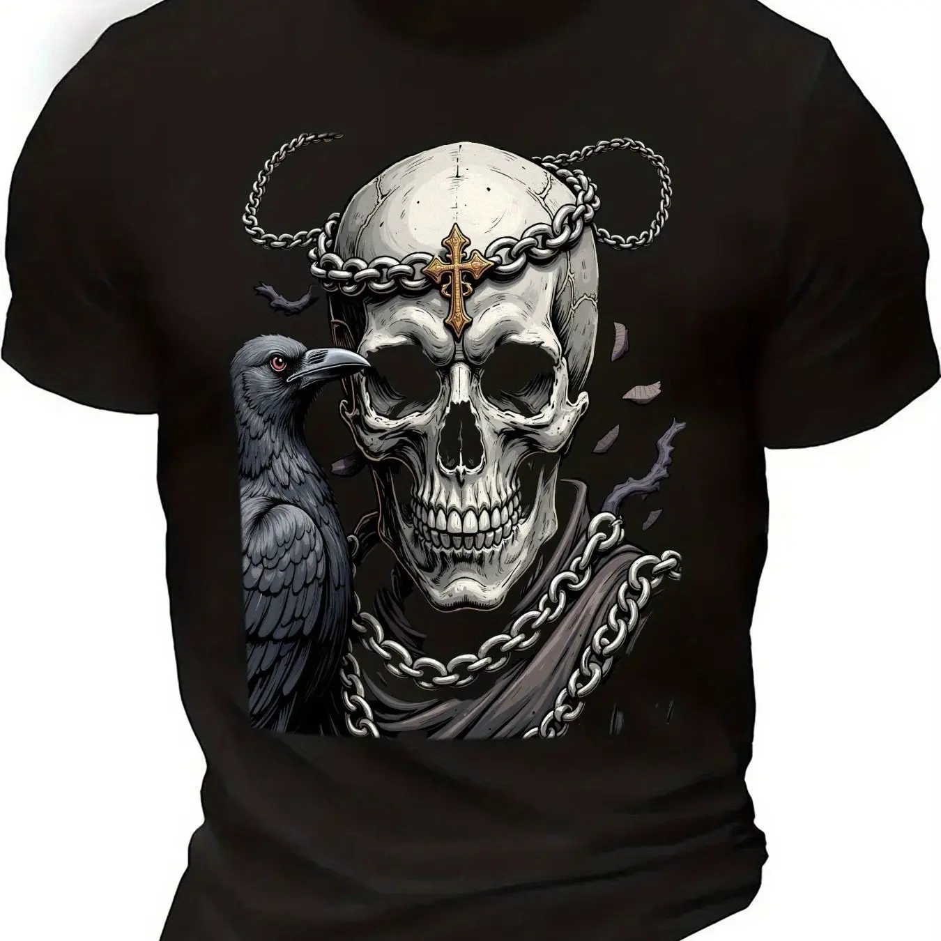 

Men's Gothic Skull Raven T-Shirt Vintage Grim Reaper Cross Gothic Skull with Chains Crowns Graphic Tee Cotton Men Clothing