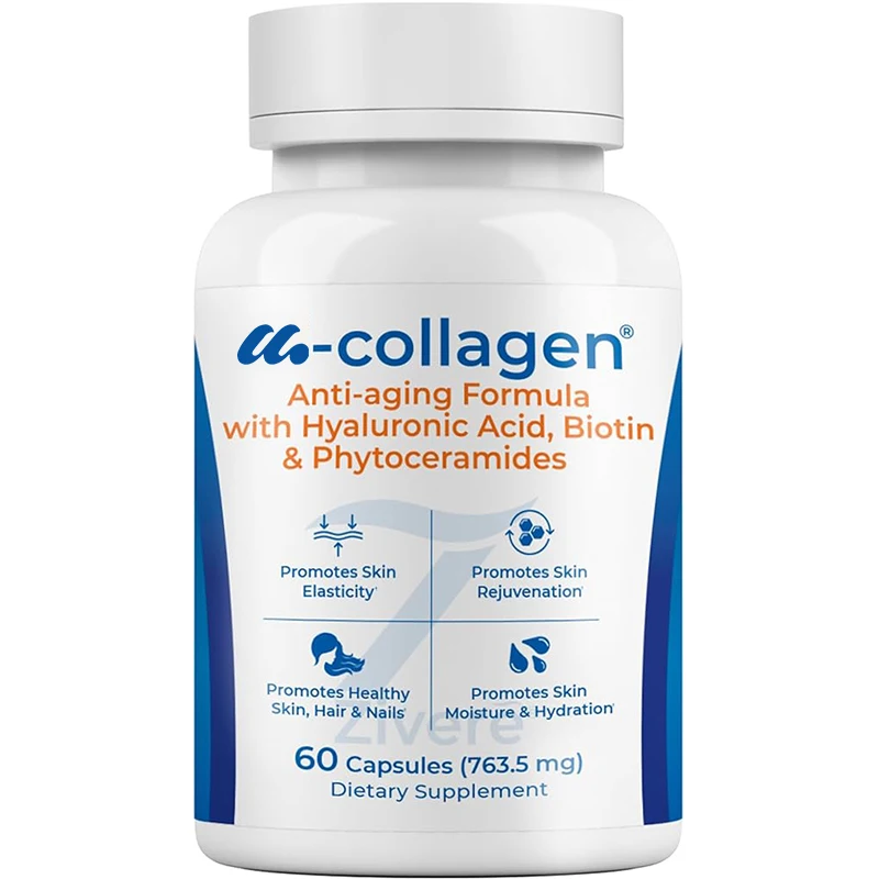 Collagen anti-aging, hydrolyzed marine collagen capsules containing plant ceramide, hyaluronic acid, and biotin