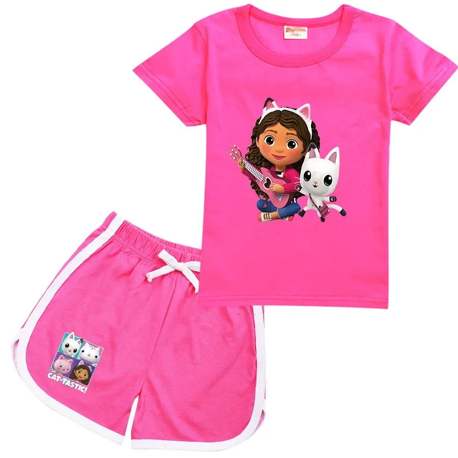 New Gabby Doolhouse Costume Baby Girls Summer Clothes Kids Cartoon Sports Suit Toddler Boys Gaby Chat T Shirt + Shorts 2pcs Sets