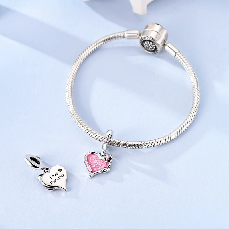 

925 Sterling Silver Pink Rose Charms Bead CZ Zircon Love Heart Dangle Fit Original Bracelet DIY Women Jewelry Gift