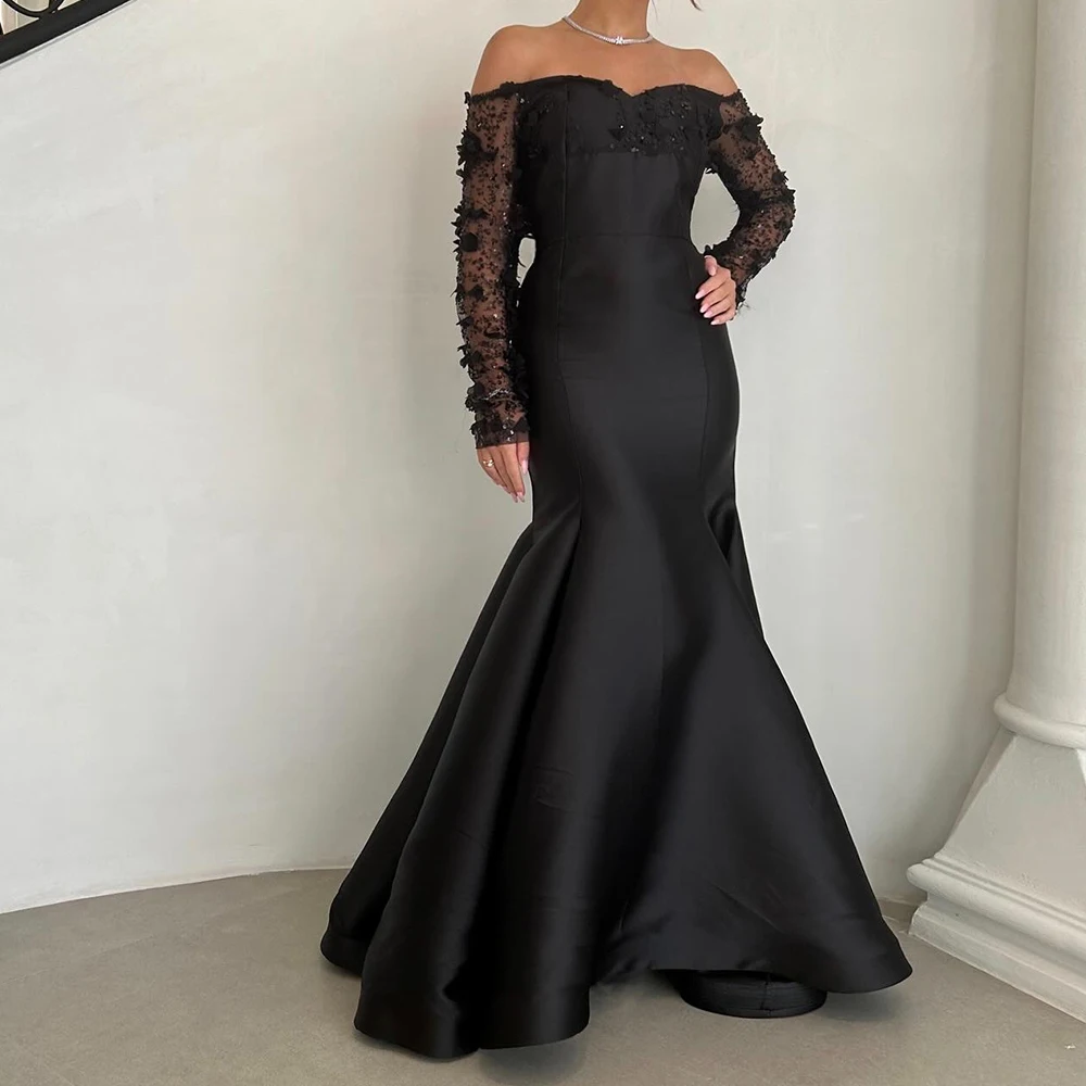 

Satin Mermaid Off the Shoulder Appliques Sequined and Crystal Evening Dress Strapless Long Sleeves Floor Length Panel Train