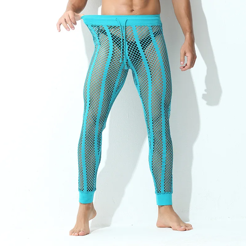 Calças masculinas verão casual respirável rendas calças de pijama largas oco para fora malha listra sexy calças esportivas
