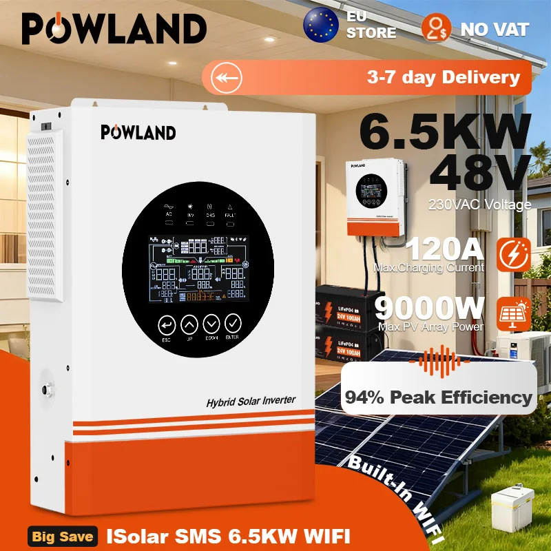 Invertisseur hybride POWLAND 6,5 kW MPPT 48 V 220 V, PV max 500 VDC, 9000 W, chargeur solaire 120 A, prise en charge BMS, parallèle, WIFI intégré